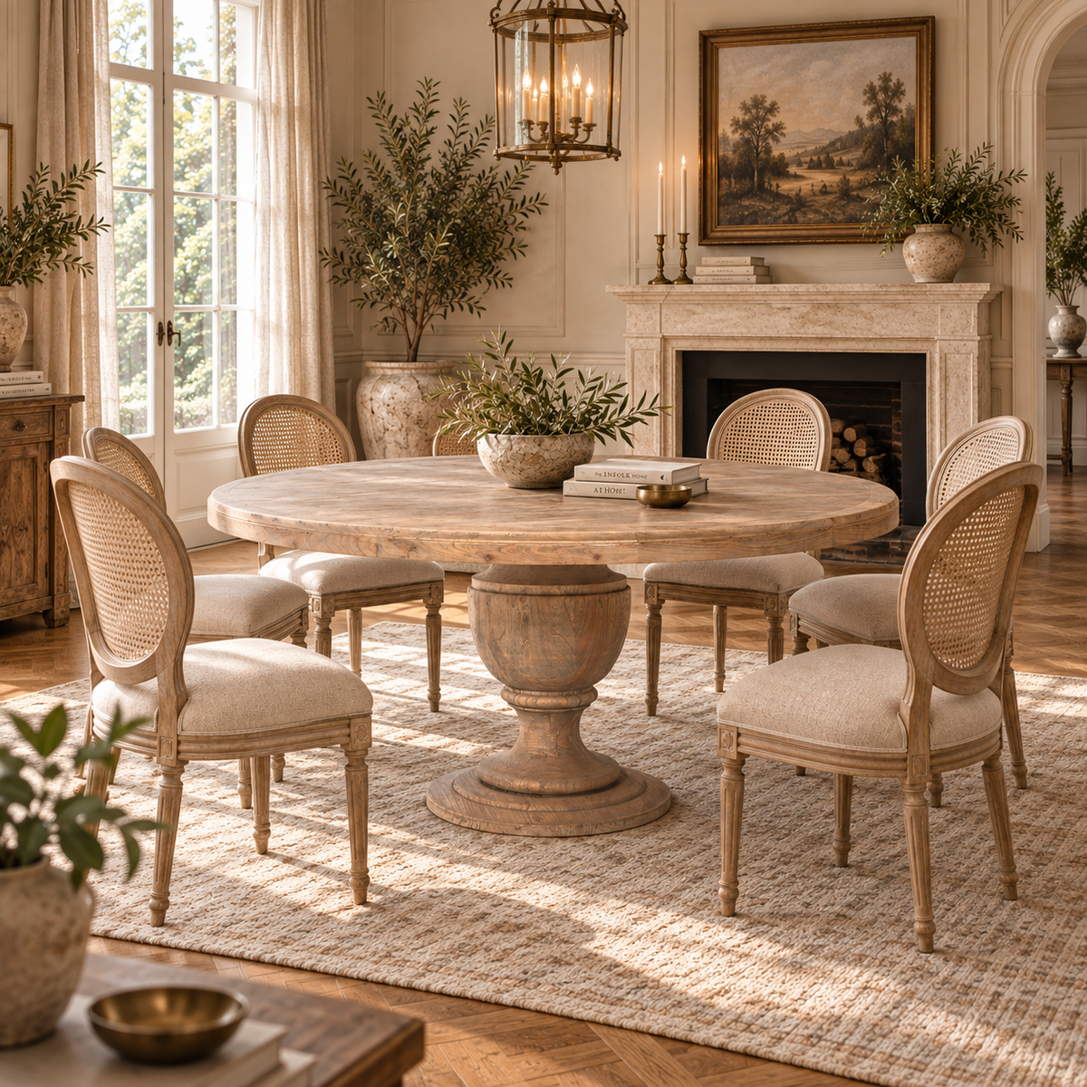 Round rustic mango wood pedestal dining table in a classic dining room with cane chairs, rug and stone fireplace.