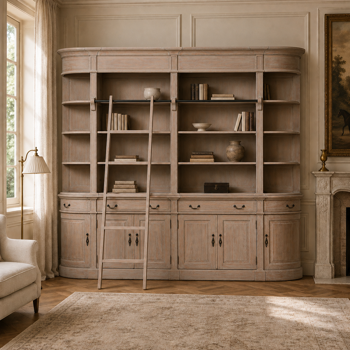 Théodore rustic white cedar library bookcase with ladder and storage, styled beside a fireplace in a warm living room.