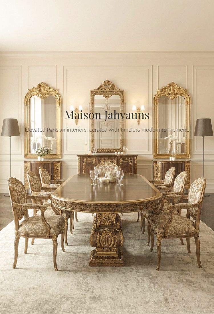 Elegant Parisian dining interior with carved furniture and gold detailing from Maison Jahvauns.