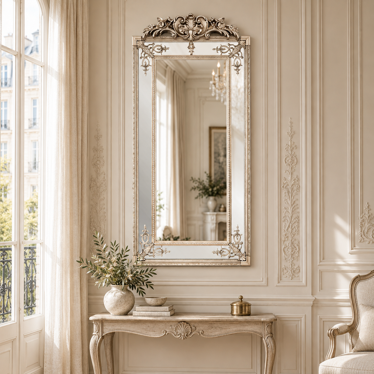 Valère champagne gilded wall mirror above a carved console in a bright Parisian room with cream panelled walls.
