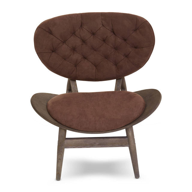 Angled front view of the Vincent Tufted Lounge Chair showcasing brown velvet upholstery, curved upholstered seat, button tufted backrest and handcrafted dark solid elm wood frame with classic mid-century modern styling.