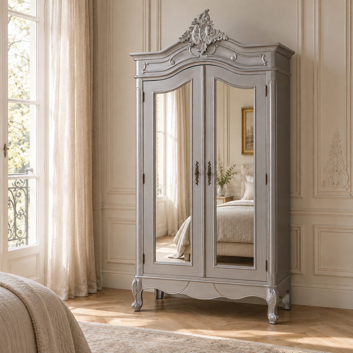 Vivienne silver carved mirrored double door armoire in a sunlit classic bedroom with cream walls and wood floor.