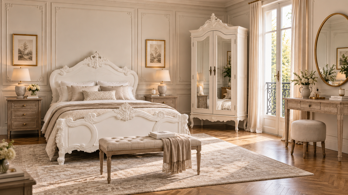 Elegant Parisian bedroom with Rococo bed, bedside tables, mirrored wardrobe and wooden dressing table