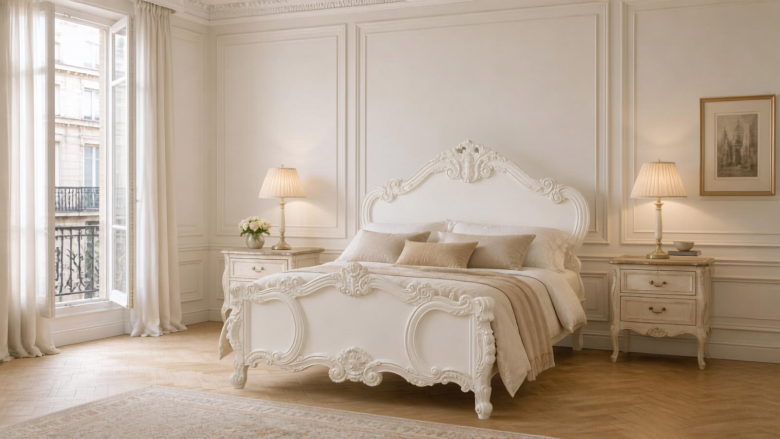 White French Rococo bed with carved headboard and footboard in an elegant Parisian bedroom with bedside tables