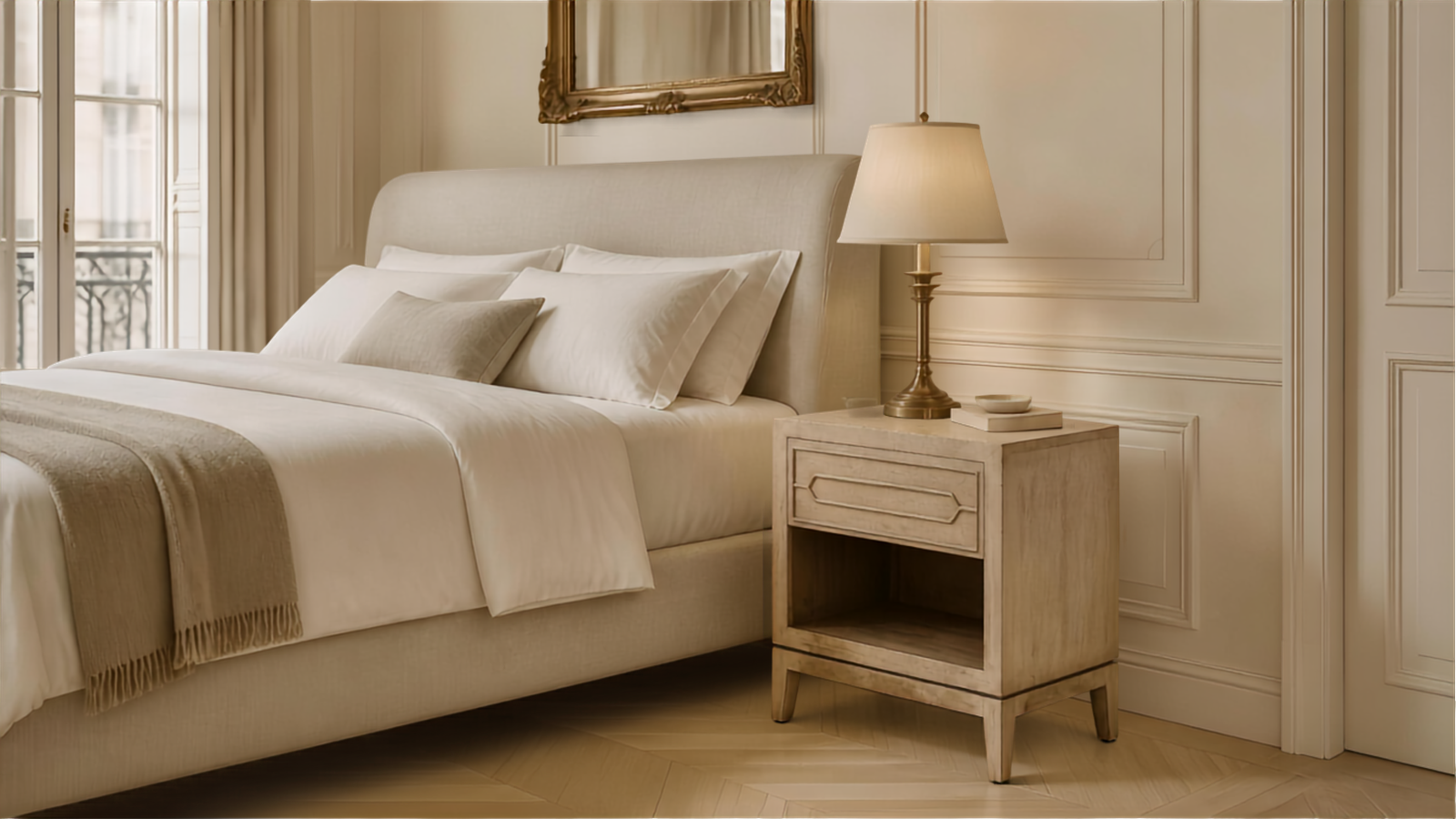 Wooden bedside table with drawer and open shelf beside a neutral upholstered bed with brass table lamp in an elegant Parisian-inspired bedroom.