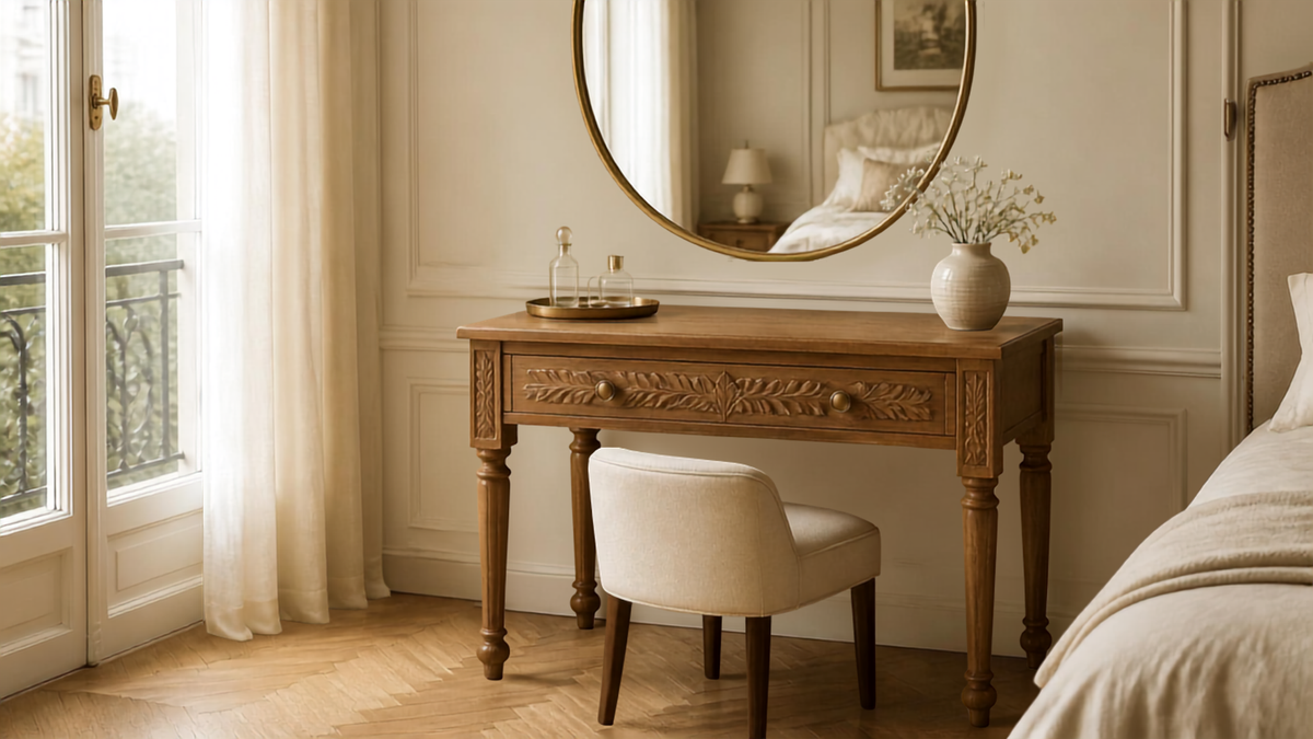 Wooden dressing table with mirror and upholstered stool in an elegant neutral Parisian-inspired bedroom