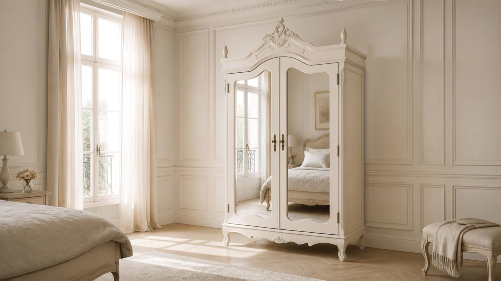 White mirrored double-door armoire wardrobe in an elegant Parisian bedroom with neutral bed and tall windows