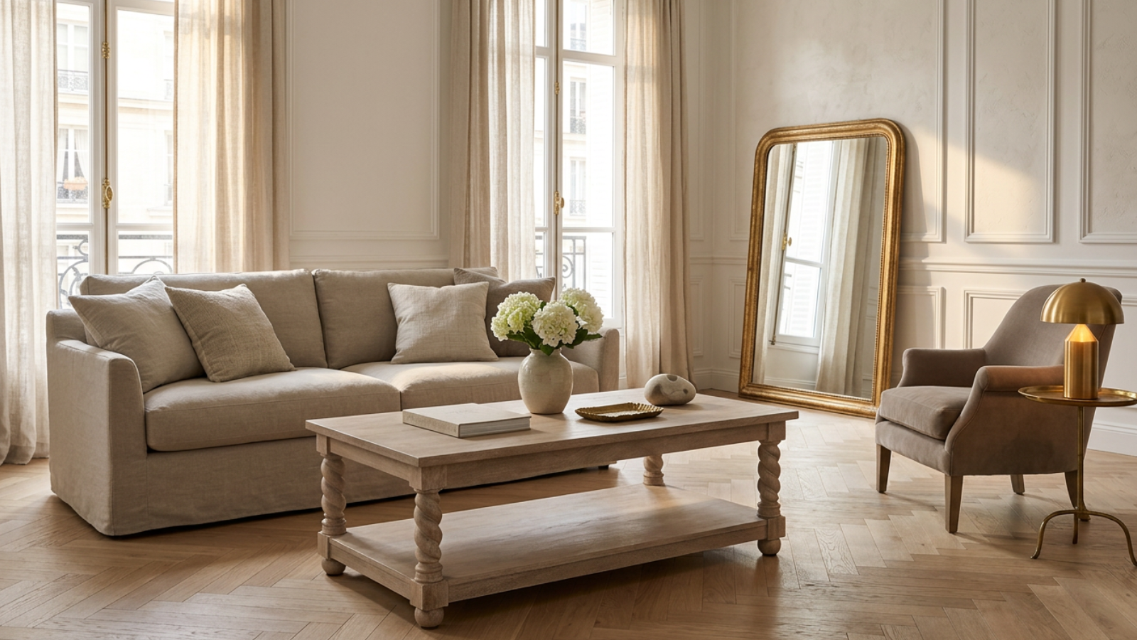 Éloi sculptural acacia wood coffee table with hand-carved twisted legs styled in a Parisian-inspired living room with a linen sofa, gold mirror and timeless luxury interior design.
