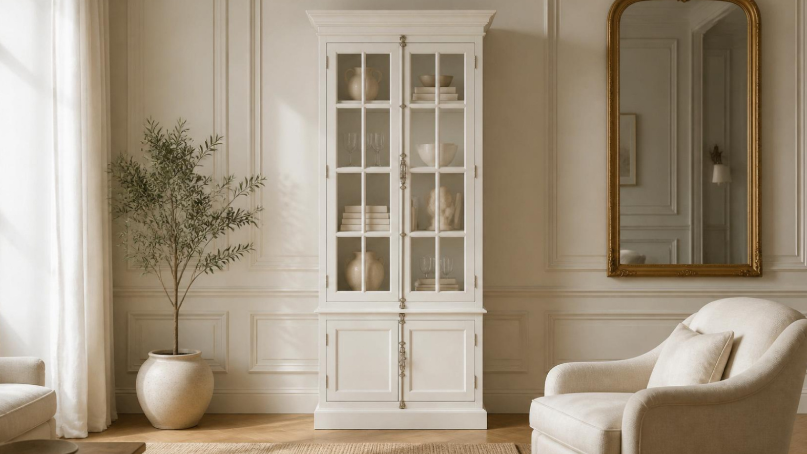 French-inspired glass display cabinet styled with books, ceramics and decorative accessories in an elegant living room.