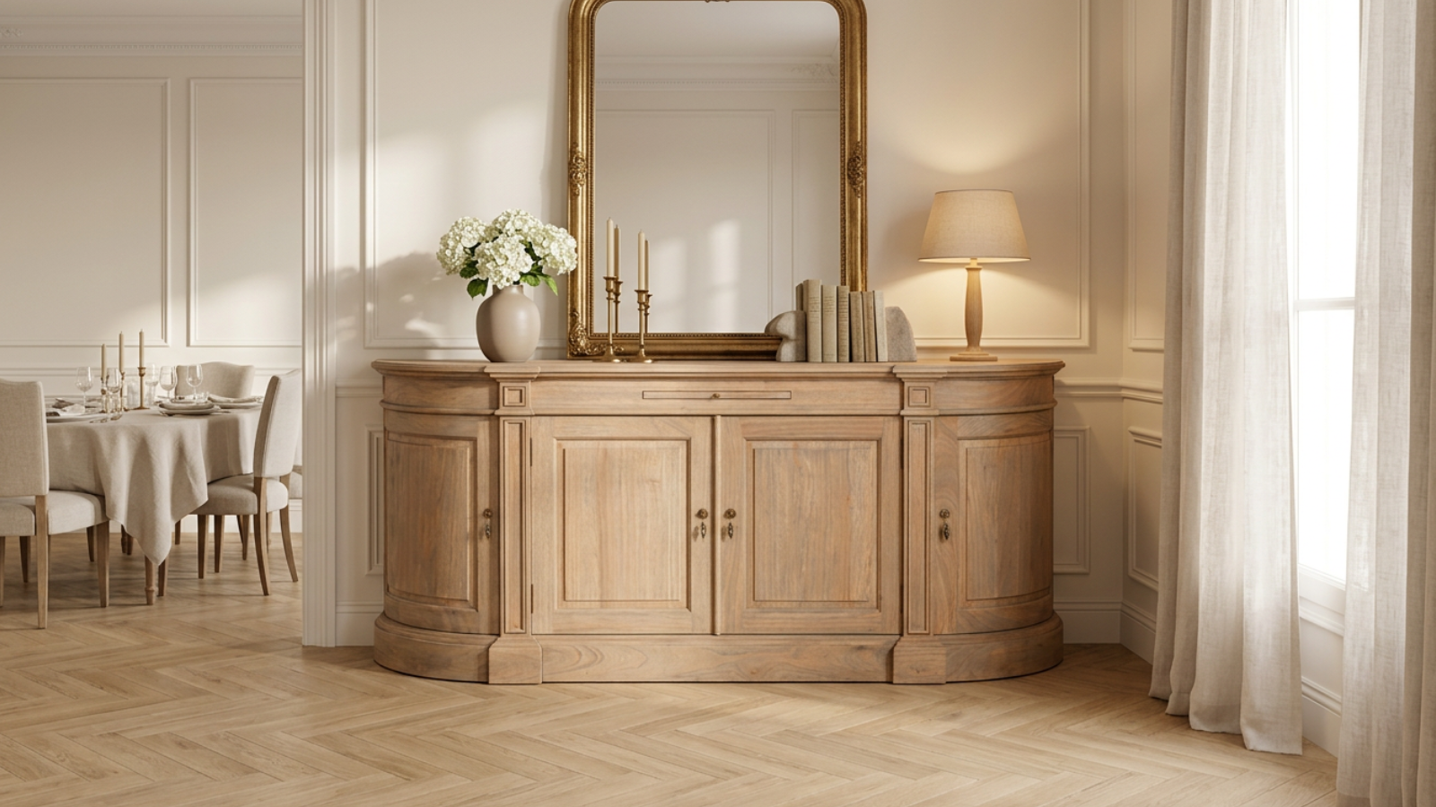 Large solid wood sideboard styled beneath a gold wall mirror in a Parisian-inspired dining room with elegant lighting, decorative accessories and timeless luxury interior design.