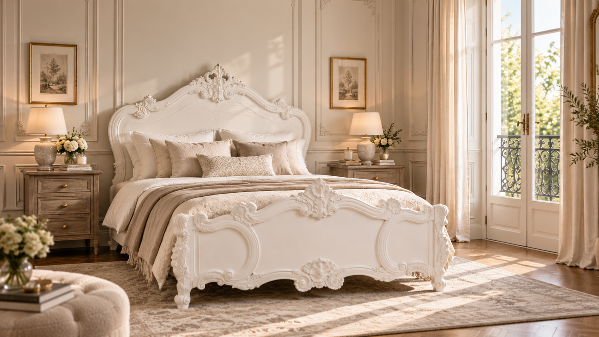 Luxury Parisian bedroom with white Rococo bed, wooden bedside tables, cream bedding and elegant French windows