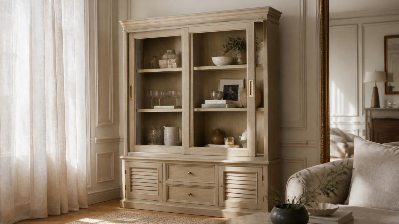 Wooden display cabinet styled with books, ceramics and decorative accessories in a Parisian-inspired living room.