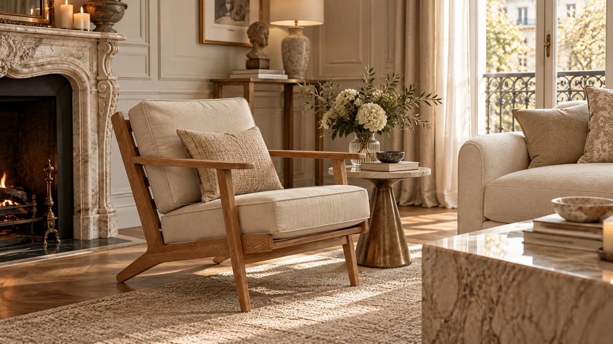 Rémi-style natural linen and oak armchair beside a brass side table and cream sofa in an elegant Parisian living room.
