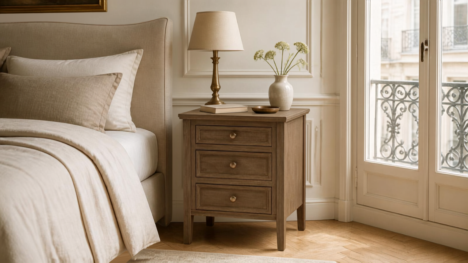 Camille grey wooden bedside table styled with lamp, book and vase beside a neutral upholstered bed