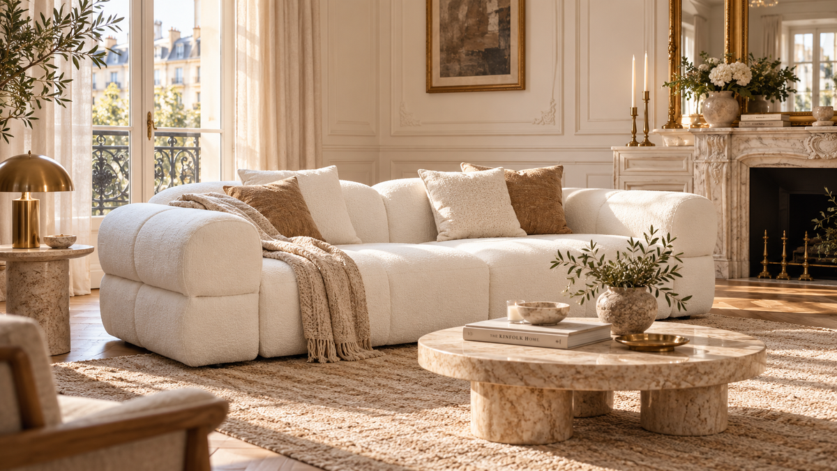 Éveline cream textured 3 seater sofa with travertine table, woven rug and brass accents in a sunlit Parisian living room.