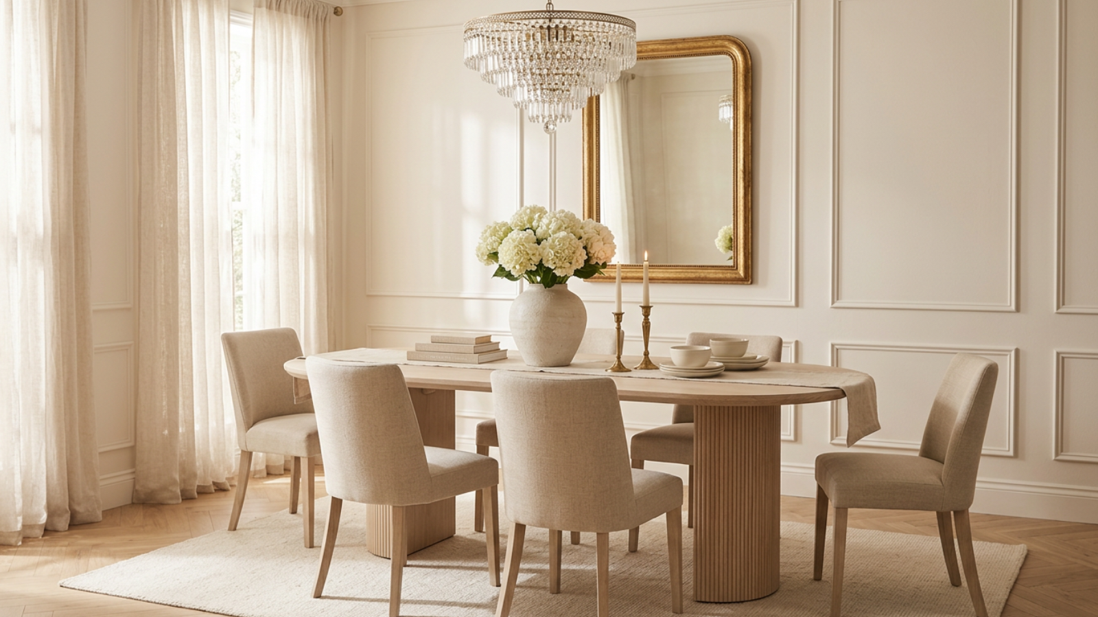 Blanche fluted oval dining table styled with upholstered dining chairs in a timeless Parisian-inspired dining room.