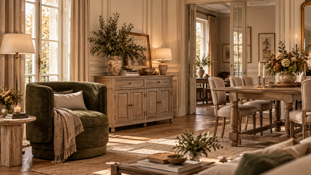 Autumn living and dining room with green curved armchair, wooden sideboard and rustic dining table in a Parisian interior