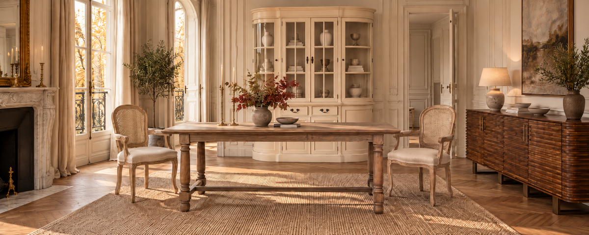 Parisian dining room with French-style table, cane chairs, cream display cabinet and ribbed sideboard in autumn light.