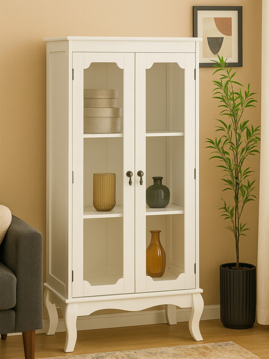 Évangeline Ivory Display Cabinet with 2 Glass Doors & Carved Legs
