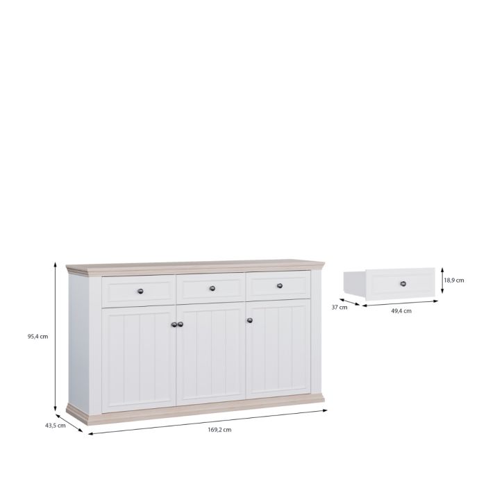 Montclair Large 3 Door 3 Drawer Sideboard – White & Oak Effect