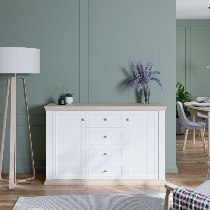 Montclair Large 2 Door 4 Drawer Sideboard – White & Oak Effect