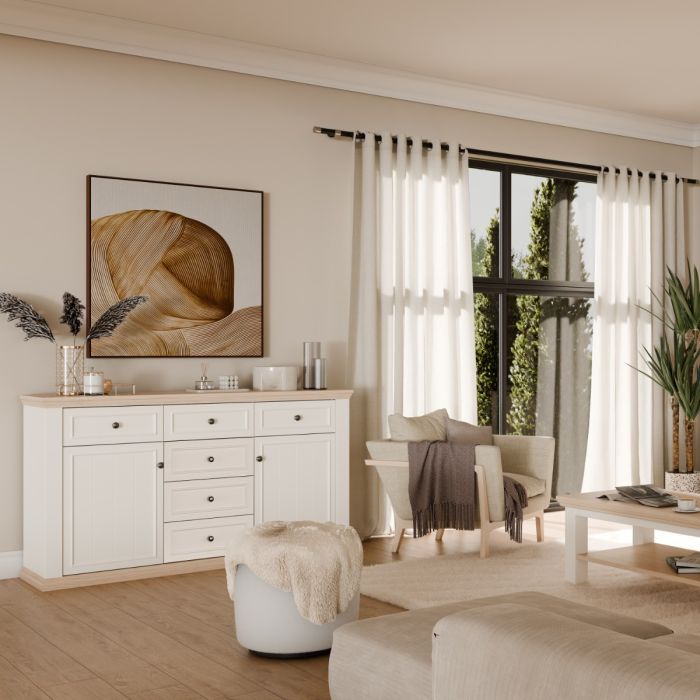 Montclair Large 2 Door 4 Drawer Sideboard – White & Oak Effect