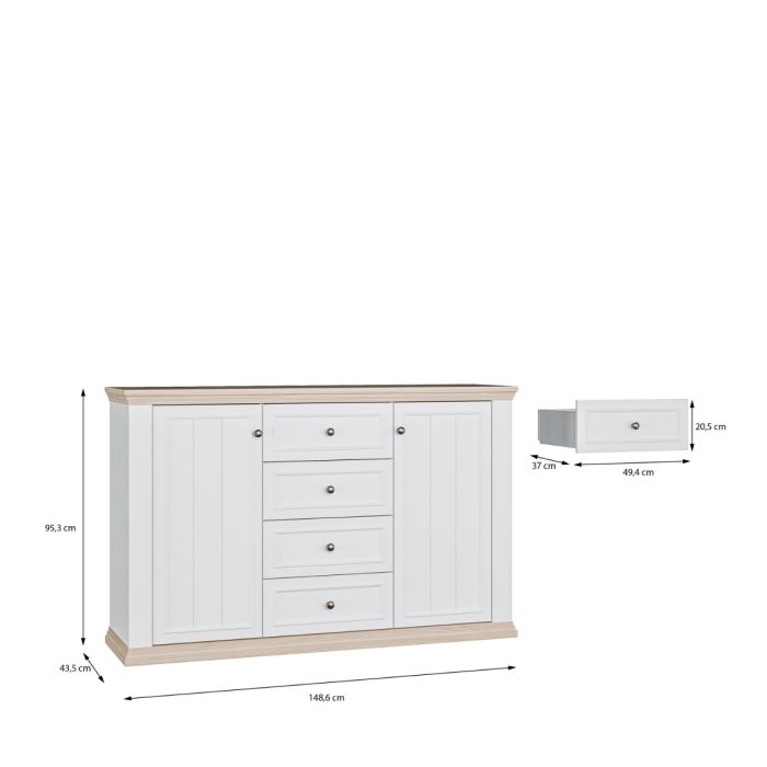 Montclair Large 2 Door 4 Drawer Sideboard – White & Oak Effect