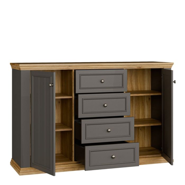 Montclair Large 2 Door 4 Drawer Sideboard – Grey & Oak Effect
