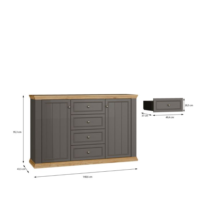 Montclair Large 2 Door 4 Drawer Sideboard – Grey & Oak Effect