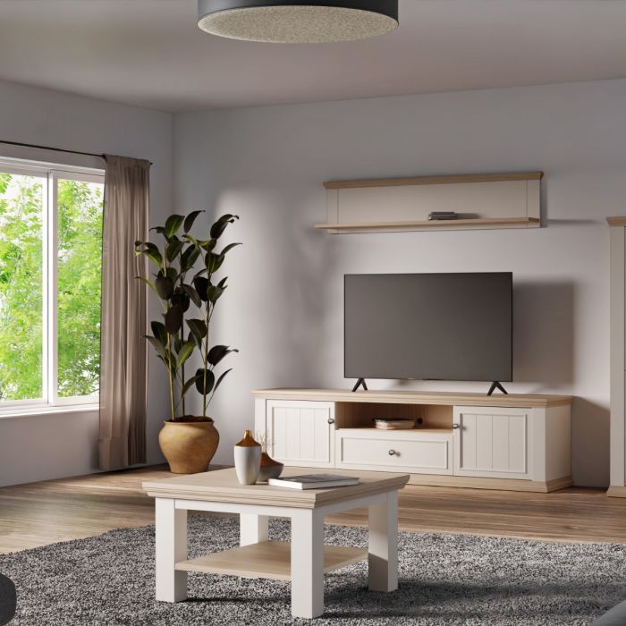 Montclair Wide 2 Door TV Unit with Drawer & Open Shelf – White & Oak Effect