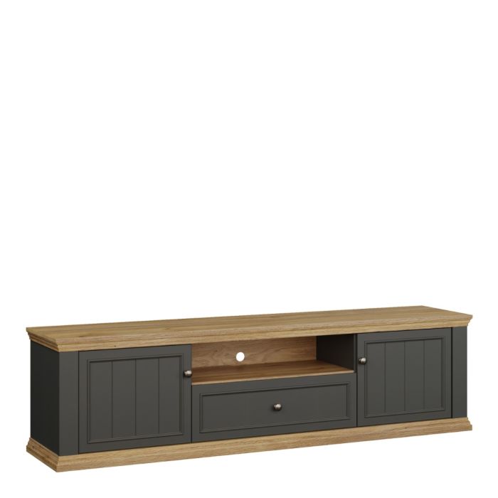 Montclair Wide 2 Door TV Unit with Drawer & Open Shelf – Grey & Oak Effect