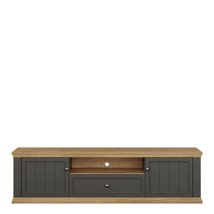 Montclair Wide 2 Door TV Unit with Drawer & Open Shelf – Grey & Oak Effect
