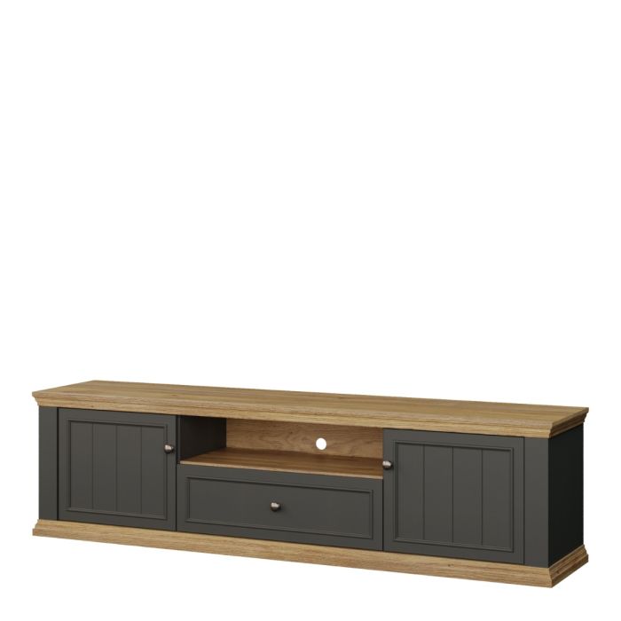 Montclair Wide 2 Door TV Unit with Drawer & Open Shelf – Grey & Oak Effect