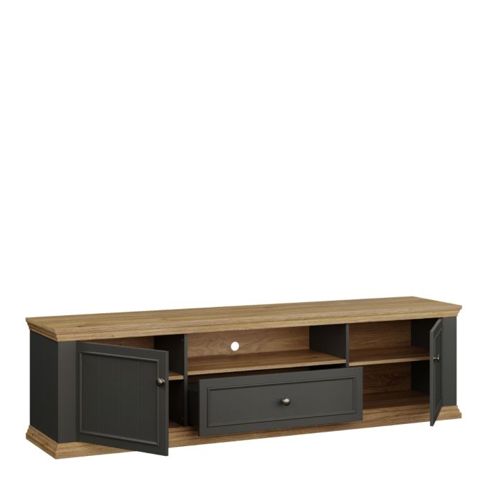Montclair Wide 2 Door TV Unit with Drawer & Open Shelf – Grey & Oak Effect
