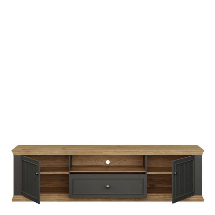 Montclair Wide 2 Door TV Unit with Drawer & Open Shelf – Grey & Oak Effect