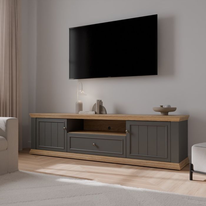 Montclair Wide 2 Door TV Unit with Drawer & Open Shelf – Grey & Oak Effect
