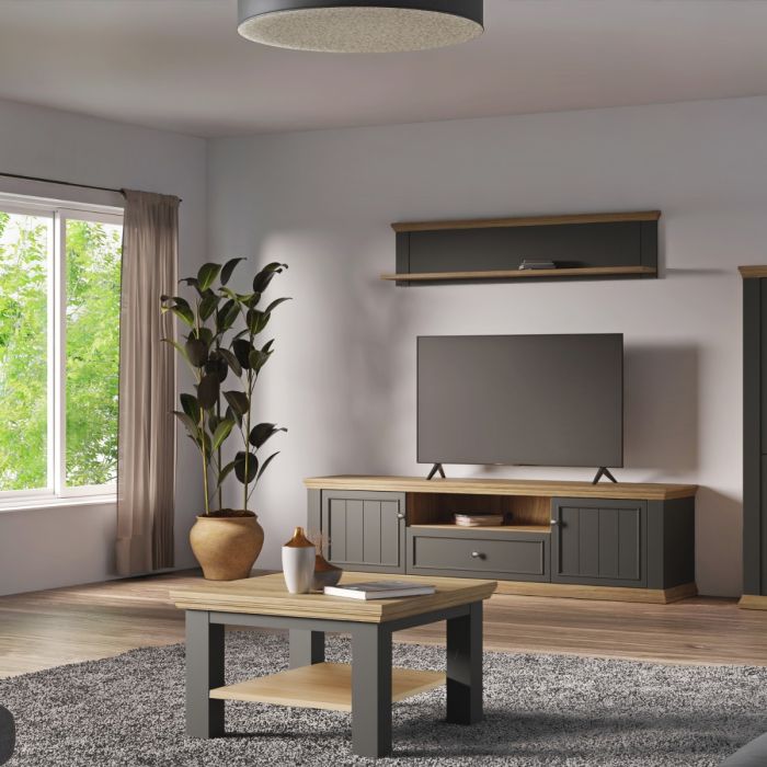 Montclair Wide 2 Door TV Unit with Drawer & Open Shelf – Grey & Oak Effect