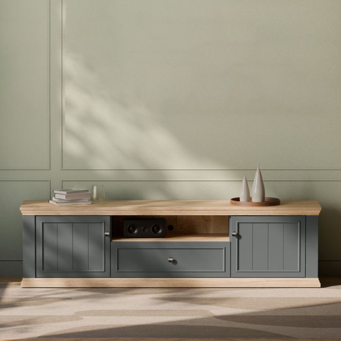 Montclair Wide 2 Door TV Unit with Drawer & Open Shelf – Grey & Oak Effect