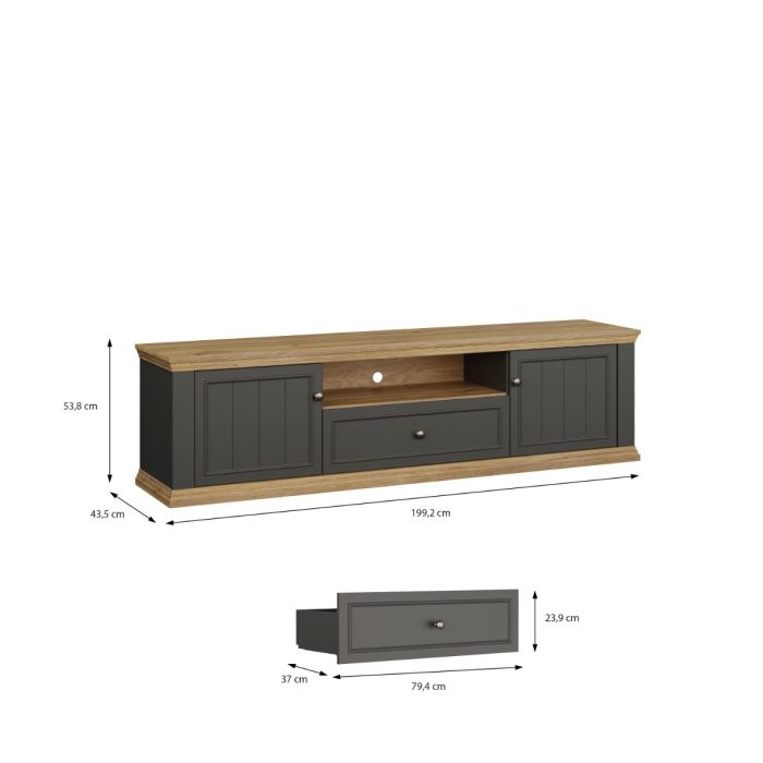 Montclair Wide 2 Door TV Unit with Drawer & Open Shelf – Grey & Oak Effect