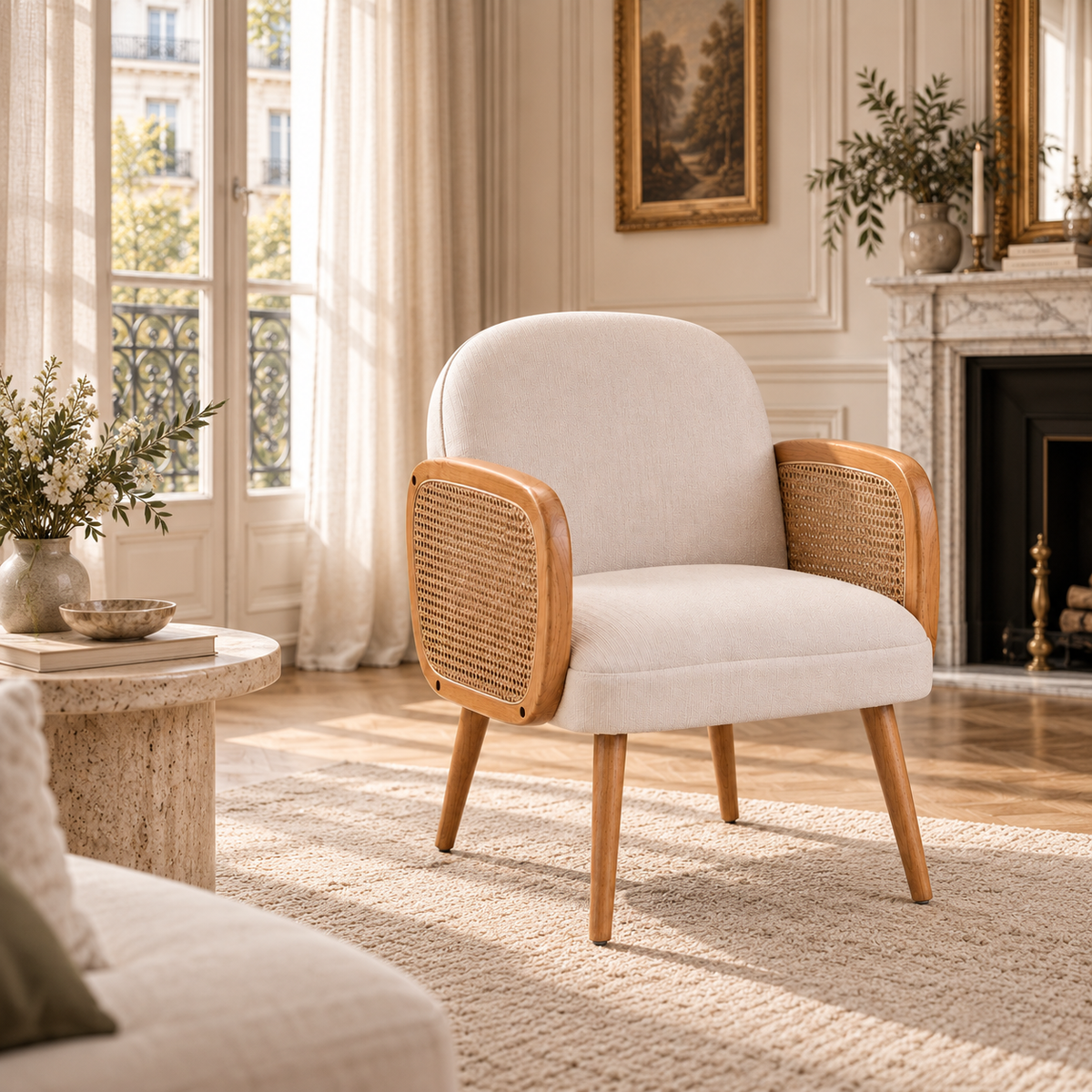 Adèle Ivory Upholstered Accent Armchair with Natural Cane Panels and Elm Wood Frame