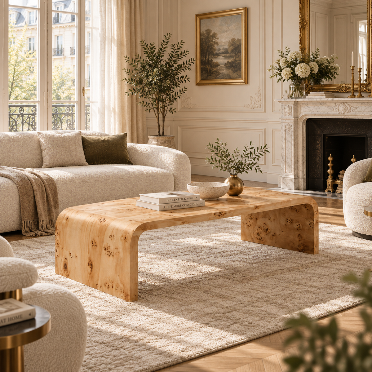 Gaspard 148cm Natural Burl Wood Design Curved Coffee Table