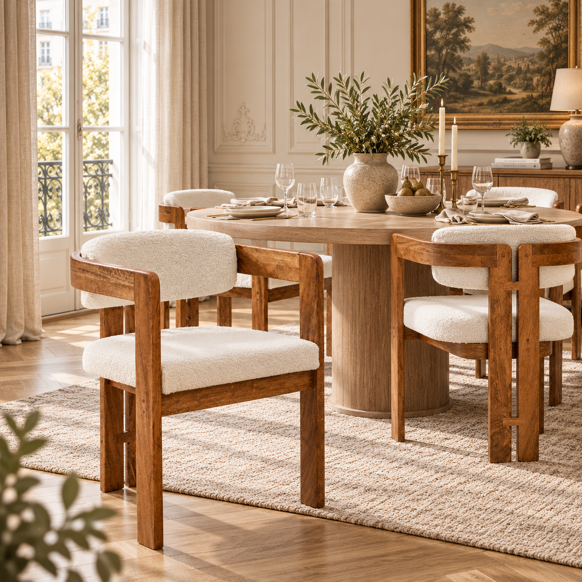 Sabine Cream Bouclé and Natural Mango Wood Curved Back Dining Armchair