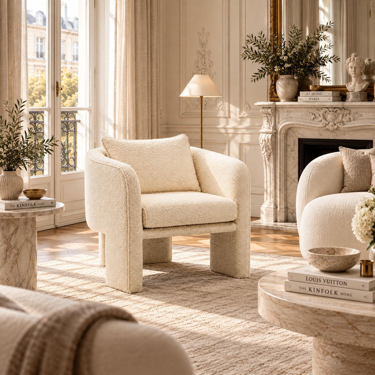 Mireille 70cm Ivory Bouclé Curved Armchair with Cushioned Back and Matching Cushion