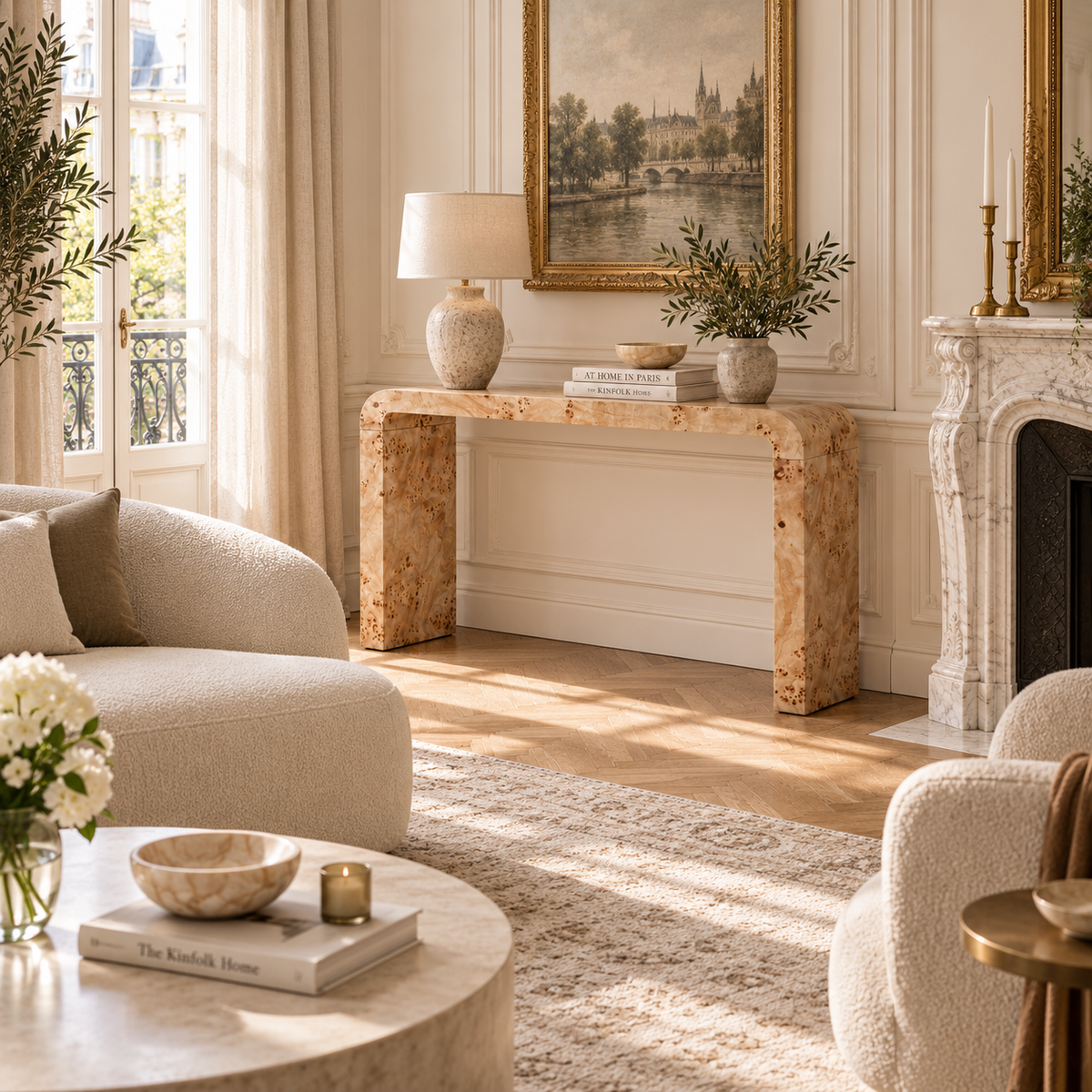 Gaspard 135cm Natural Burl Wood Design Curved Console Table