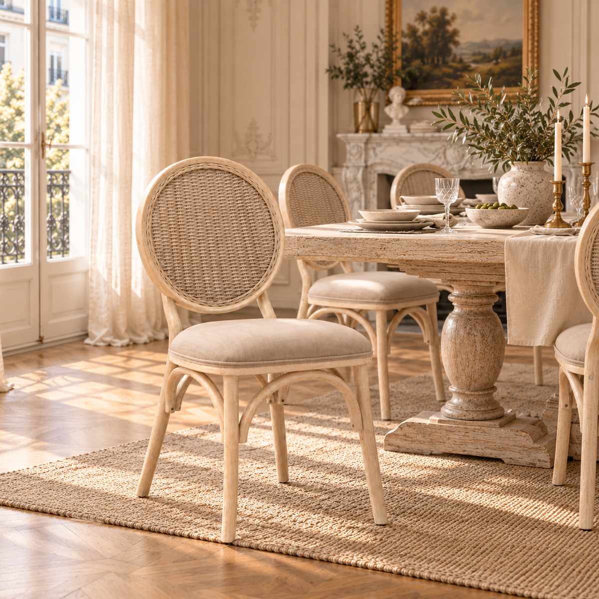 Camille White Washed Elm Wood Dining Chair with Woven Cane Back & Beige Upholstered Seat
