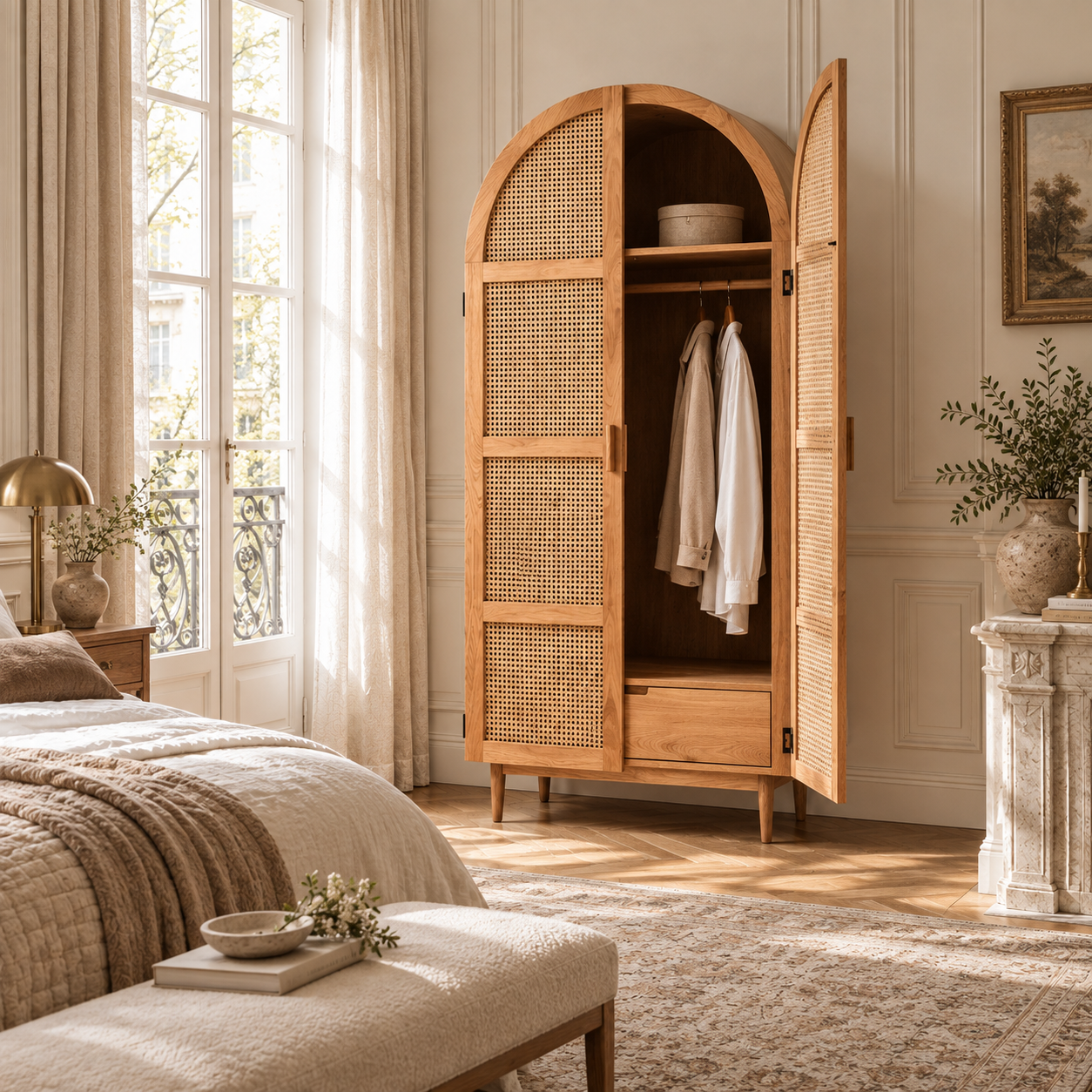 Amaury 200cm Arched Oak Wood and Woven Rattan 2 Door Wardrobe with Drawers