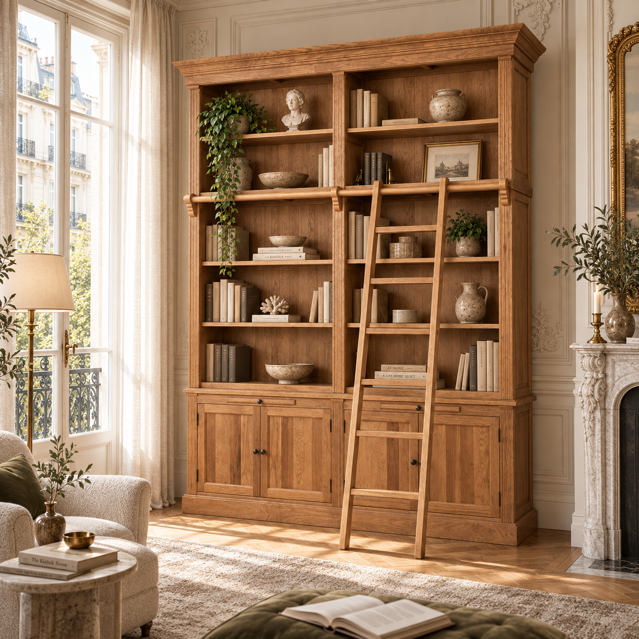 Alaric Large 213cm American Oak Wood Bookcase with Ladder, 10 Shelves & 4 Door Storage