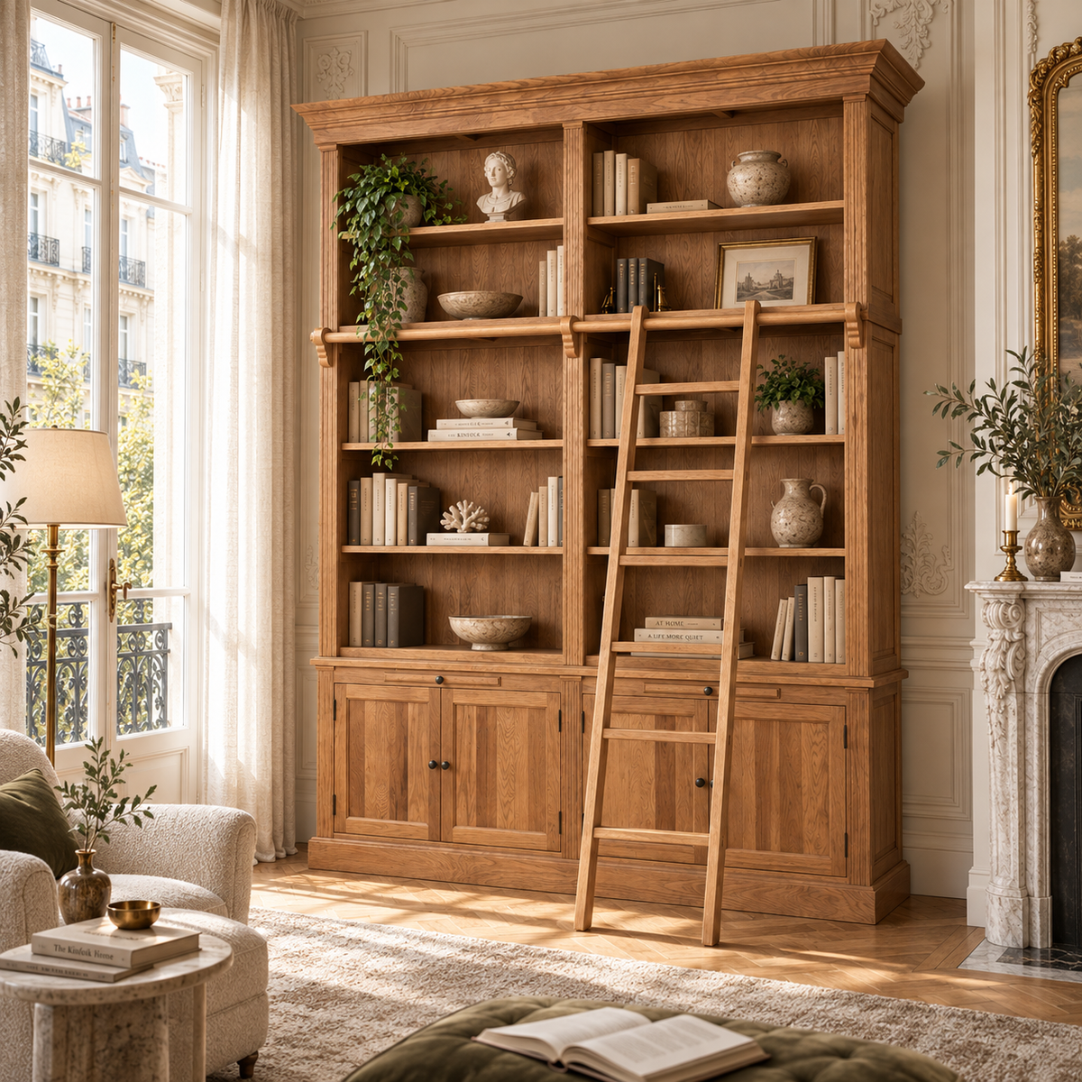 Alaric Large 213cm American Oak Wood Bookcase with Ladder, 10 Shelves & 4 Door Storage