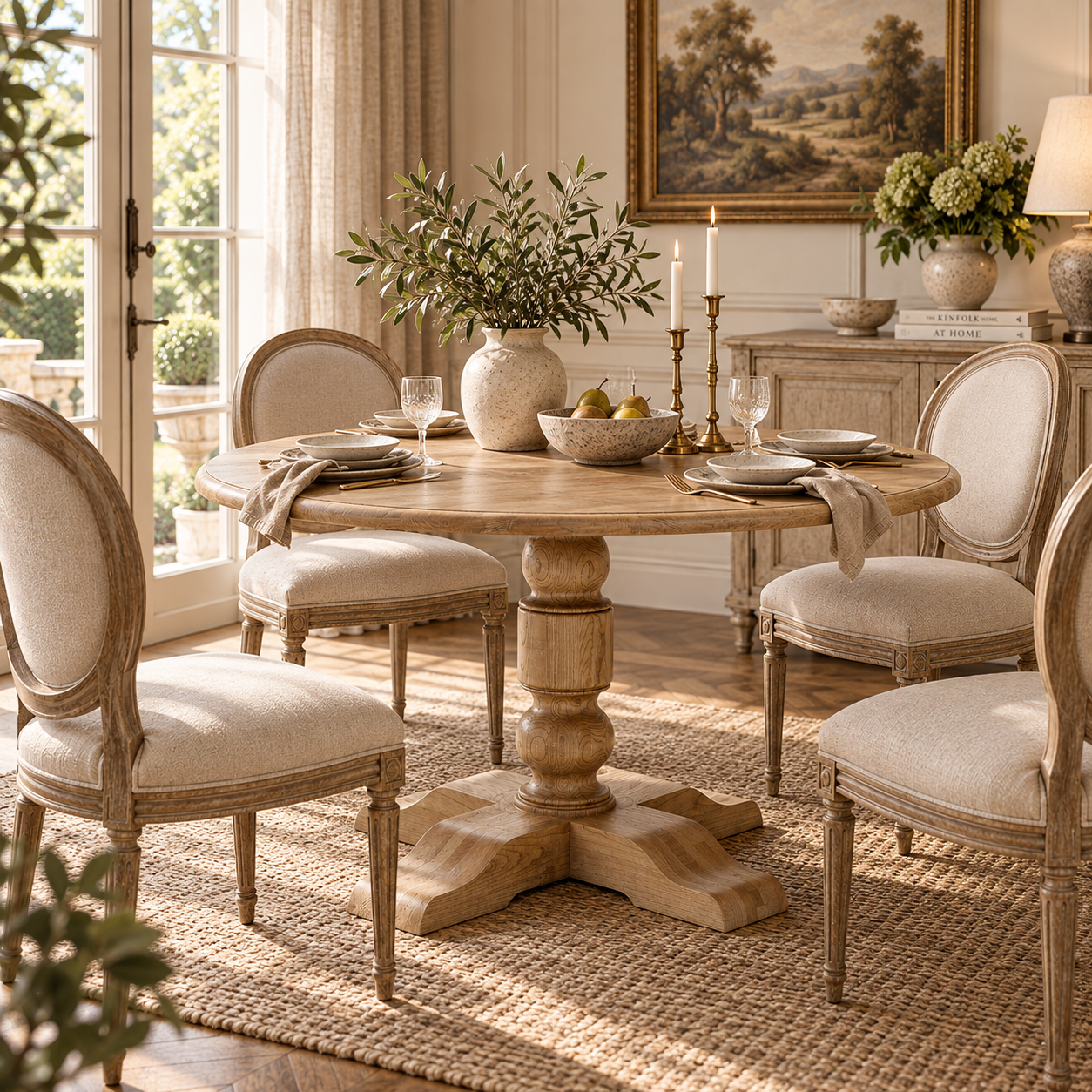 Gaston 127cm Round Solid Oak Wood Dining Table for 4–6 with Carved Pedestal Base