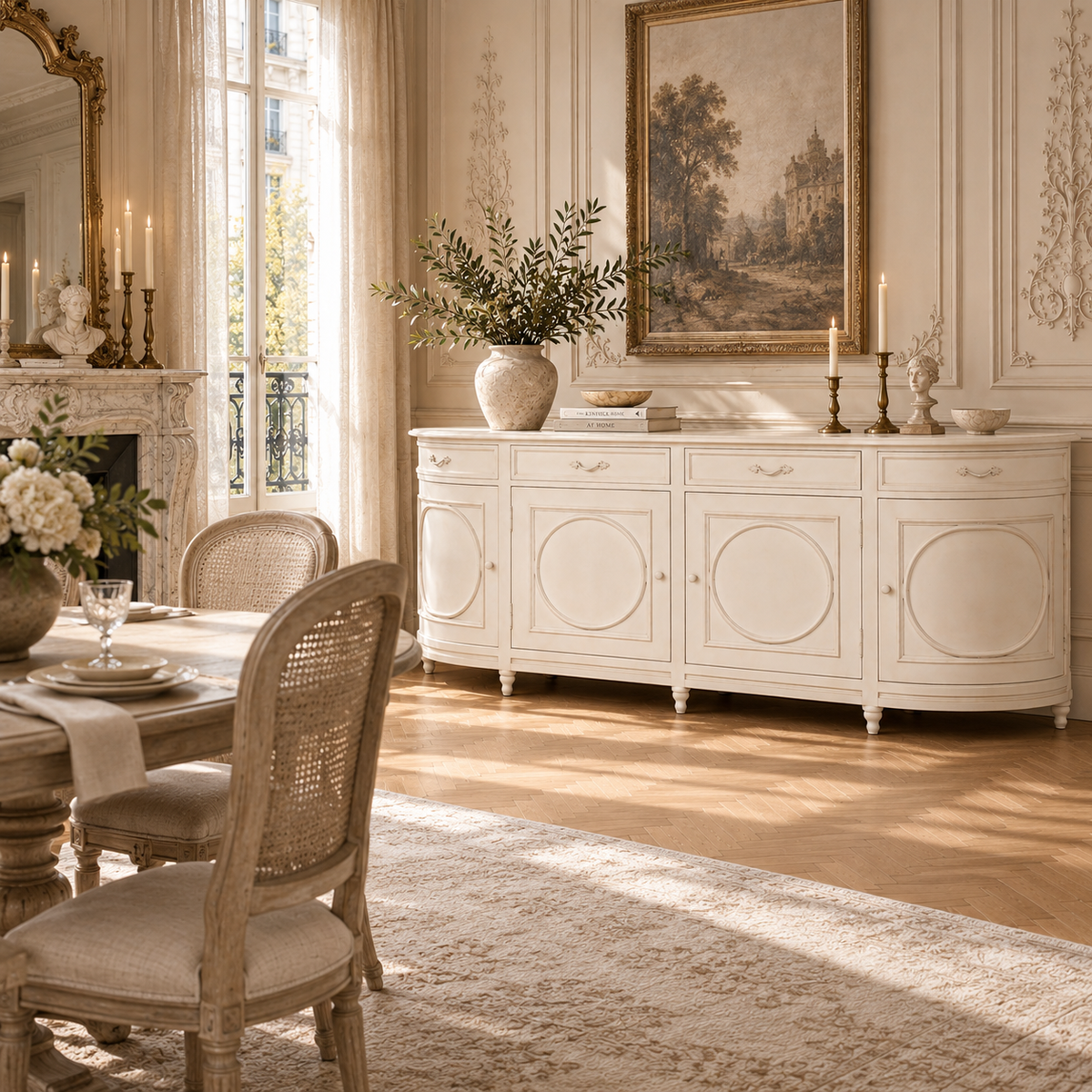 Geneviève Large Aged Ivory Sideboard with 4 Doors, 4 Drawers & Ornate Detailing